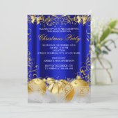 Royal Blue Gold Bow Bauble White Christmas Party Einladung (Stehend Vorderseite)