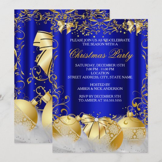 Royal Blue Gold Bow Bauble White Christmas Party Einladung (Vorne/Hinten)