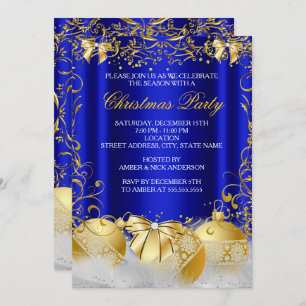 Royal Blue Gold Bow Bauble White Christmas Party Einladung
