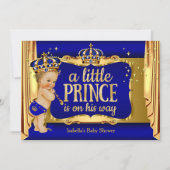 Royal Blue Gold Boy Prince Baby Dusche Blonde Einladung (Vorderseite)