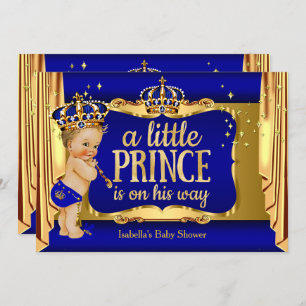 Royal Blue Gold Boy Prince Baby Dusche Blonde Einladung