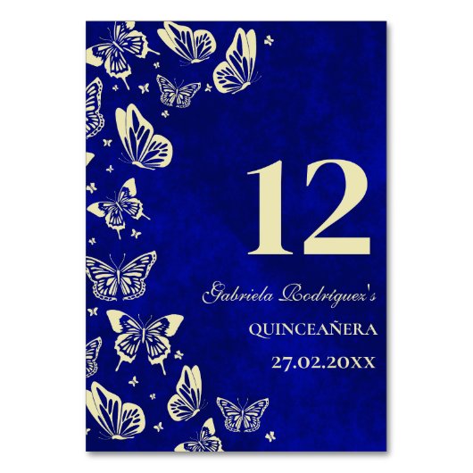Royal Blue Gold Butterfly 15. Quinceañera Sitzplat Tischnummer (Rückseite)