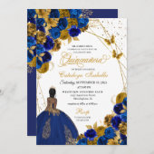 Royal Blue Gold Butterfly Princess Quinceanera Einladung (Vorne/Hinten)