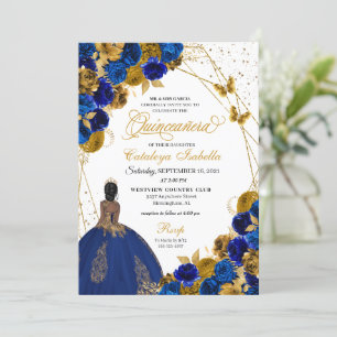 Royal Blue Gold Butterfly Princess Quinceanera Einladung