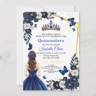 Royal Blue Gold Butterfly Quinceañera Invite Einladung