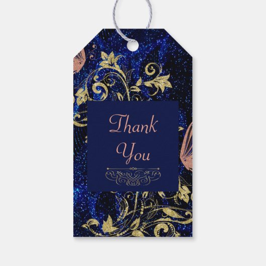 Royal Blue Gold Butterfly Wedding Geschenkanhänger (Rückseite)