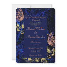 Royal Blue Gold Butterfly Wedding Round Einladung