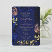 Royal Blue Gold Butterfly Wedding Save the Date (Stehend Vorderseite)