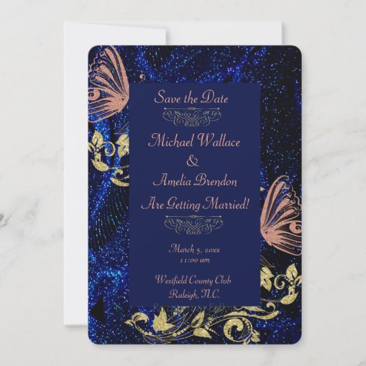 Royal Blue Gold Butterfly Wedding Save the Date (Vorderseite)