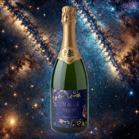 Royal Blue Gold Butterfly Wedding Schaumweinetikett