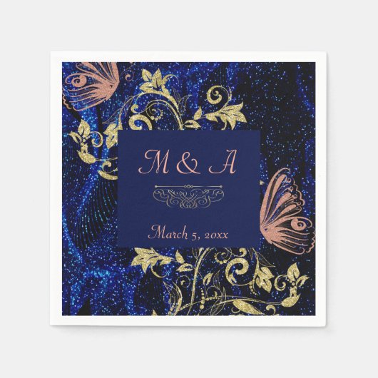 Royal Blue Gold Butterfly Wedding Serviette (Vorderseite)
