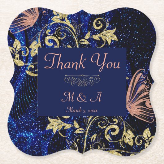 Royal Blue Gold Butterfly Wedding Untersetzer (Vorderseite)