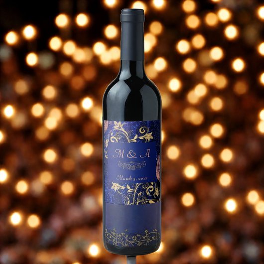 Royal Blue Gold Butterfly Wedding Weinetikett