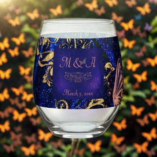 Royal Blue Gold Butterfly Wedding Weinglas Ohne Stiel