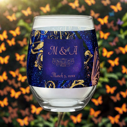 Royal Blue Gold Butterfly Wedding Weinglas Ohne Stiel
