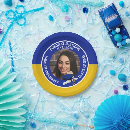 Royal Blue & Gold Cap & Diploma Foto Abschluss Pappteller (Party)