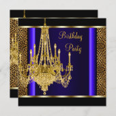 Royal Blue Gold Chandelier Leopard Birthday Party Einladung (Vorne/Hinten)