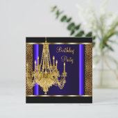 Royal Blue Gold Chandelier Leopard Birthday Party Einladung (Stehend Vorderseite)