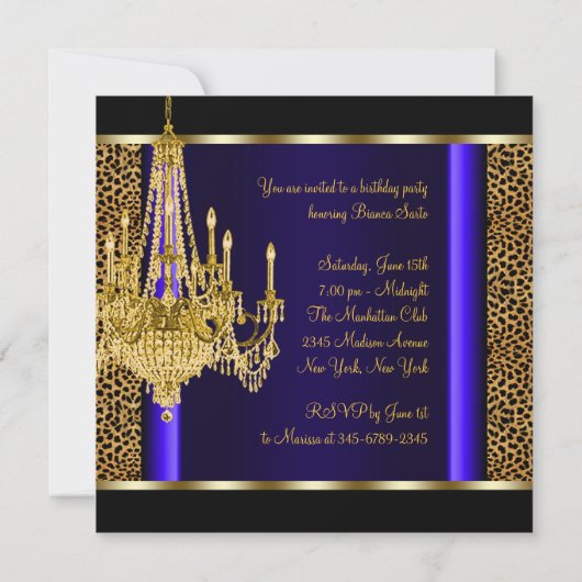 Royal Blue Gold Chandelier Leopard Birthday Party Einladung (Rückseite)