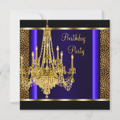 Royal Blue Gold Chandelier Leopard Birthday Party Einladung (Vorderseite)