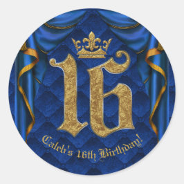 Royal Blue & Gold Crown 16 16. Geburtstagsparty Runder Aufkleber