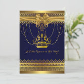 Royal Blue & Gold Crown Baby Dusche Einladung (Stehend Vorderseite)