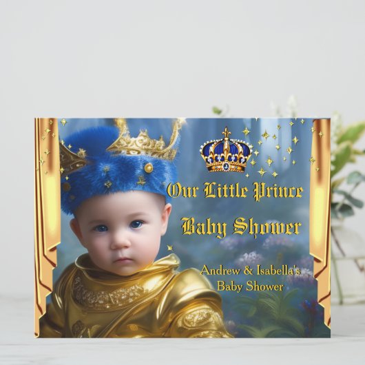 Royal Blue Gold Crown Drapes Prince Baby Dusche Einladung (Stehend Vorderseite)
