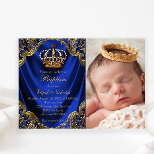 Royal Blue Gold Crown Little Prince Taufe Einladung