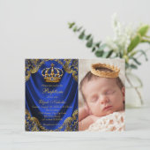Royal Blue Gold Crown Little Prince Taufe Einladung (Stehend Vorderseite)