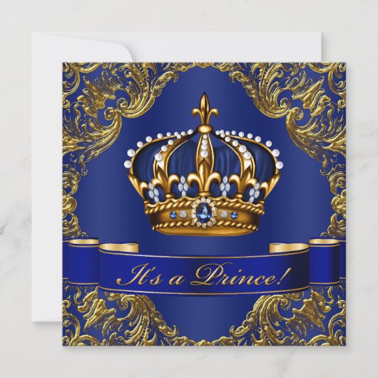 Royal Blue Gold Crown Prince Baby Dusche Einladung (Vorderseite)