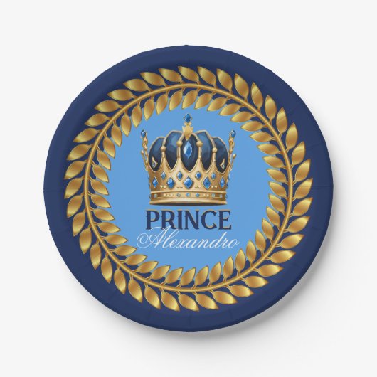 Royal Blue Gold Crown Prince Baby Dusche/Geburtsta Pappteller (Vorderseite)