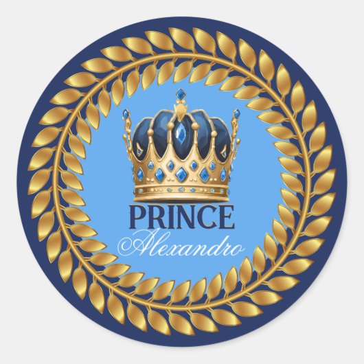 Royal Blue Gold Crown Prince Baby Dusche/Geburtsta Runder Aufkleber (Vorderseite)
