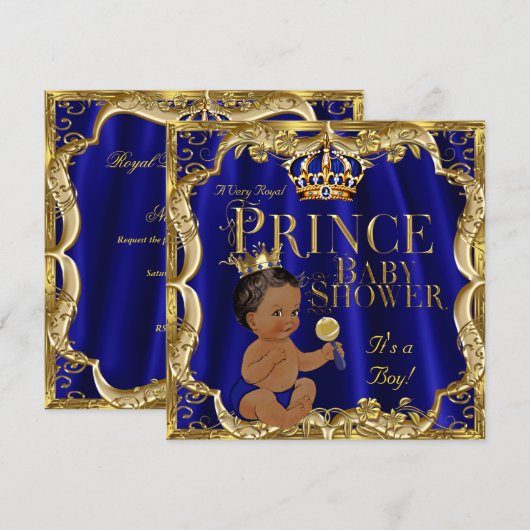 Royal Blue Gold Crown Prince Baby Shower Ethnic Einladung (Vorne/Hinten)