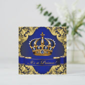 Royal Blue Gold Crown Prince Boy Baby Dusche Einladung (Stehend Vorderseite)
