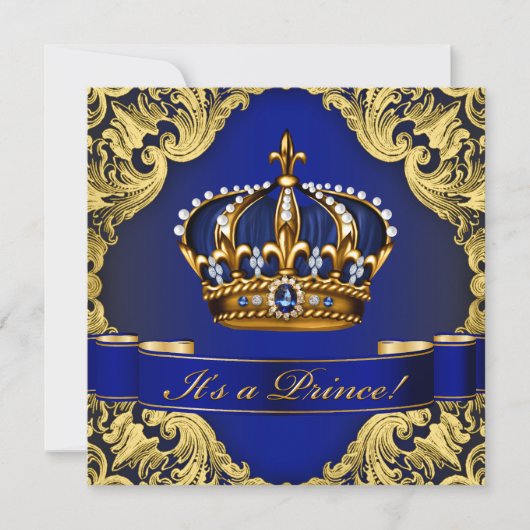 Royal Blue Gold Crown Prince Boy Baby Dusche Einladung (Vorderseite)