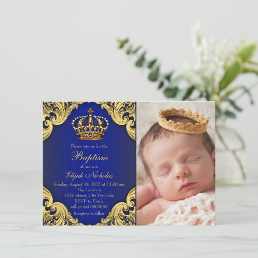 Royal Blue Gold Crown Prince Taufe Einladung (Stehend Vorderseite)