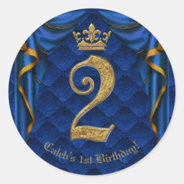 Royal Blue & Gold Crown Zwei 2 2. Geburtstags-Part Runder Aufkleber