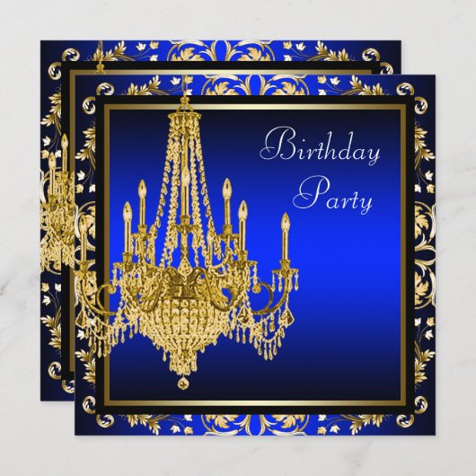 Royal Blue Gold Damask Candelier Birthday Party Einladung (Vorne/Hinten)