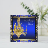 Royal Blue Gold Damask Candelier Birthday Party Einladung (Stehend Vorderseite)