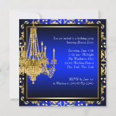 Royal Blue Gold Damask Candelier Birthday Party Einladung (Rückseite)