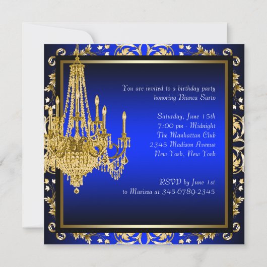 Royal Blue Gold Damask Candelier Birthday Party Einladung (Rückseite)