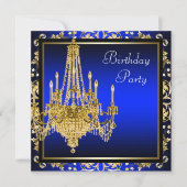 Royal Blue Gold Damask Candelier Birthday Party Einladung (Vorderseite)