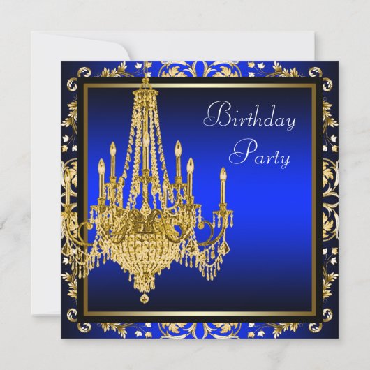 Royal Blue Gold Damask Candelier Birthday Party Einladung (Vorderseite)