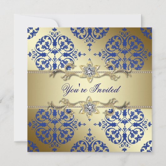 Royal Blue Gold Damask Party Einladungen (Vorderseite)