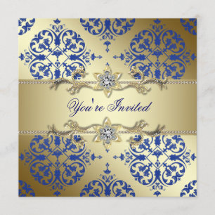 Royal Blue Gold Damask Party Einladungen