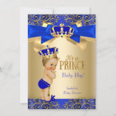 Royal Blue Gold Damask Prince Baby Dusche Blonde Einladung (Vorderseite)