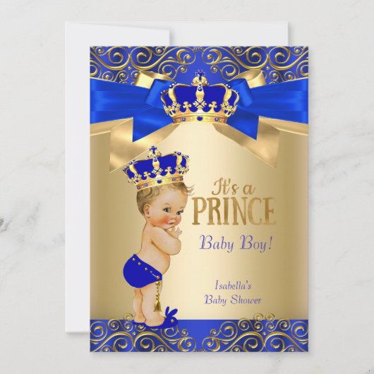 Royal Blue Gold Damask Prince Baby Dusche Blonde Einladung (Vorderseite)