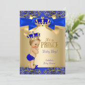 Royal Blue Gold Damask Prince Baby Dusche Blonde Einladung (Stehend Vorderseite)