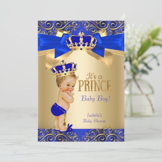 Royal Blue Gold Damask Prince Baby Dusche Blonde Einladung (Stehend Vorderseite)
