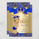 Royal Blue Gold Damask Prince Baby Dusche Blonde Einladung (Vorne/Hinten)